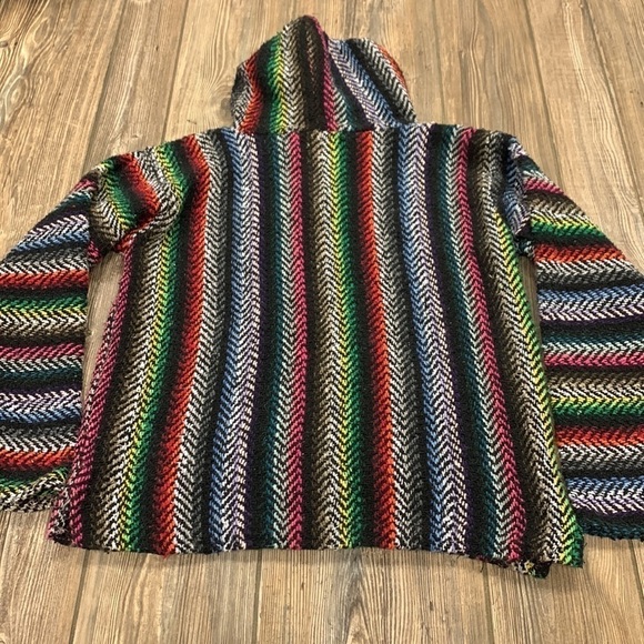 Earth Rugz Baja Jacket Mexican Thread Coat Drug Rug Black Rainbow Hoodie Poncho - Picture 6 of 6